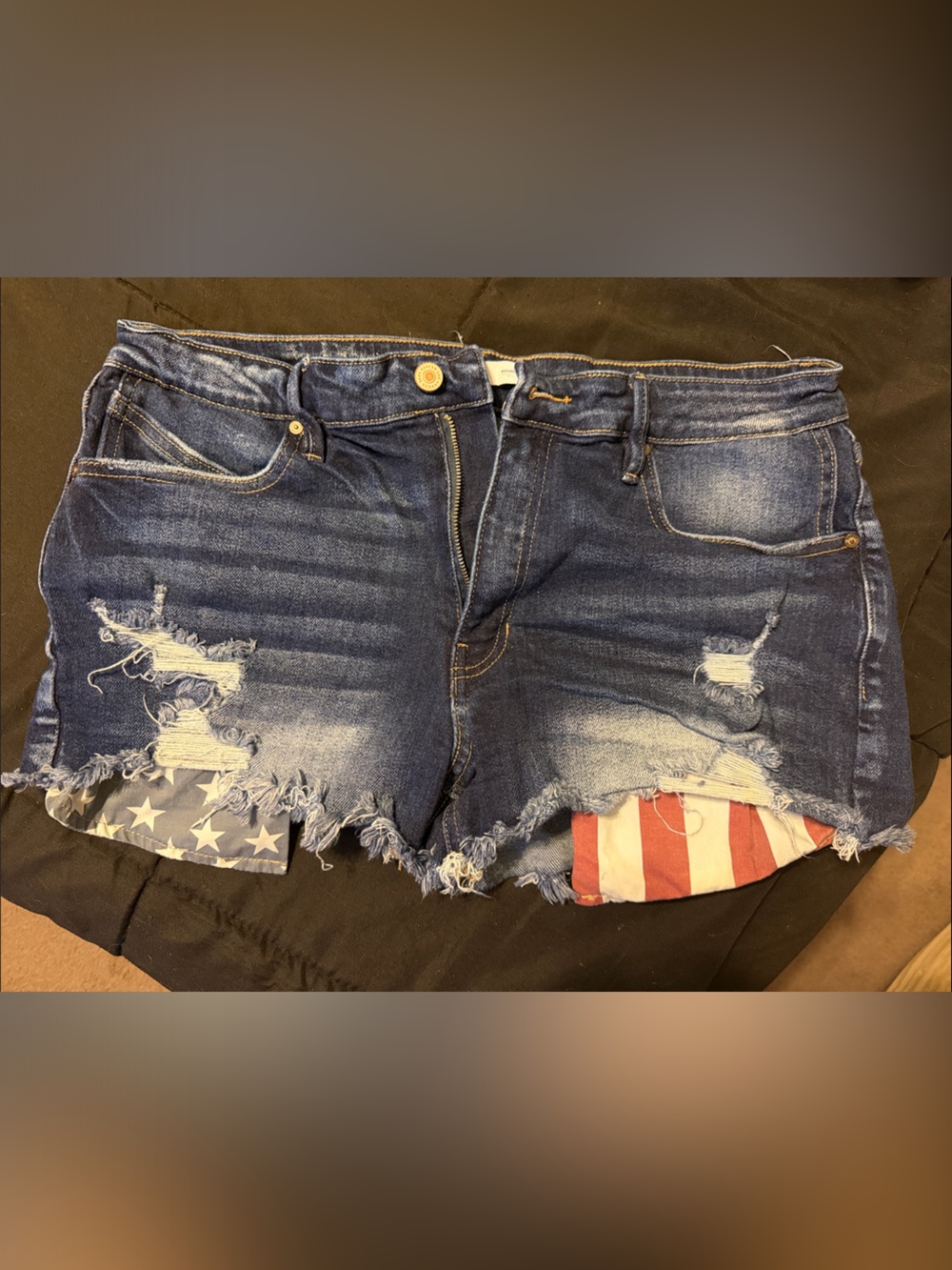 KanCan Distressed Dark Blue Denim Shorts with Flag Lining